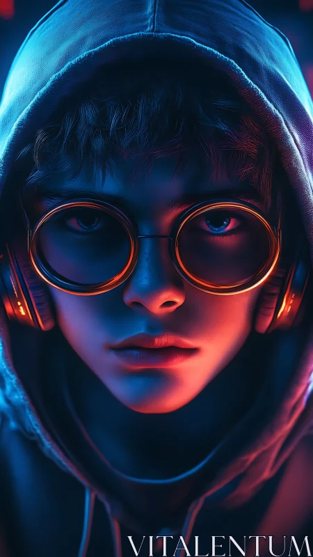 Hooded youth with round glasses in neon rim lighting.