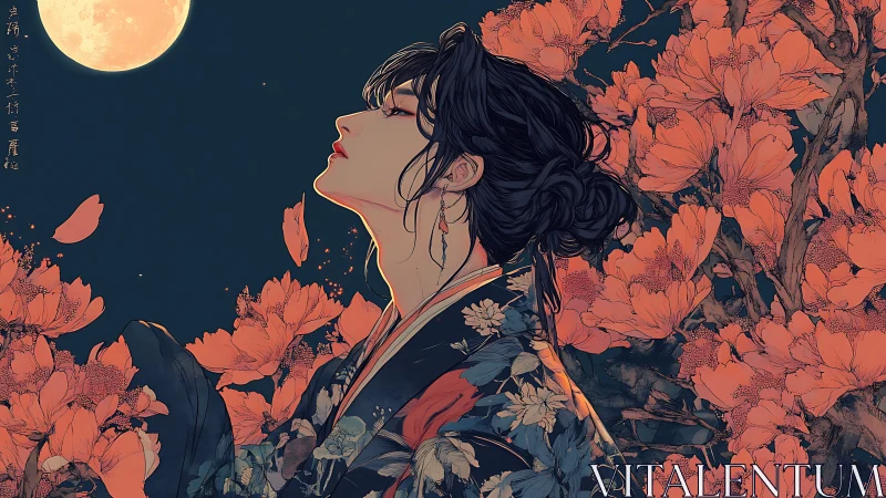 Digital anime portrait under moonlight with floral framing.