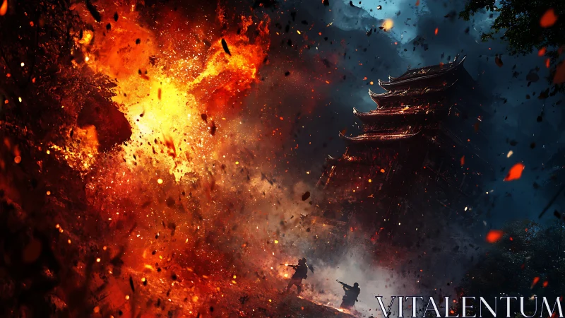 Explosive Destruction: Pagoda Amid Apocalyptic Fire.