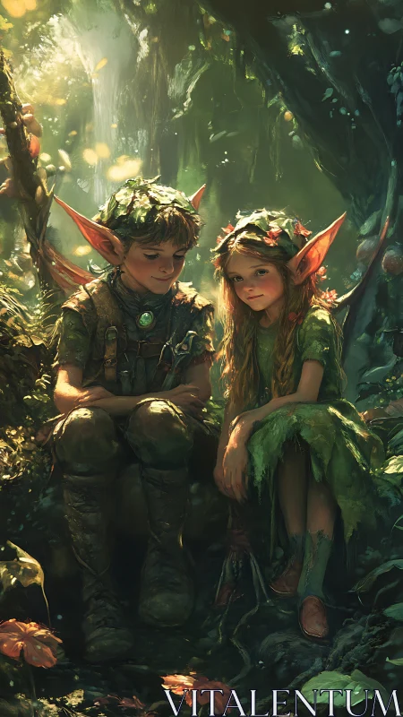Forest elf children sharing secrets in golden woodland glow.