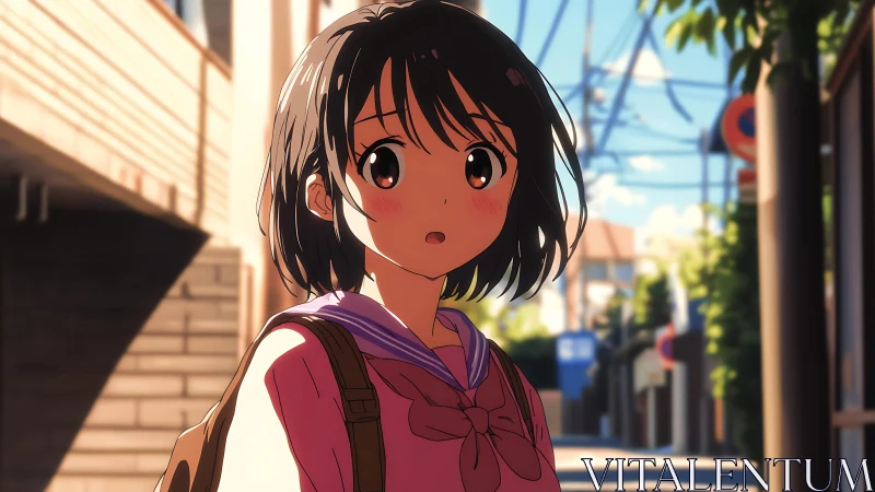 Sunlit street, shy smile: a gentle after-school moment.