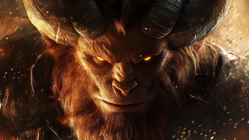 Horned demonic creature with glowing eyes in firelight.