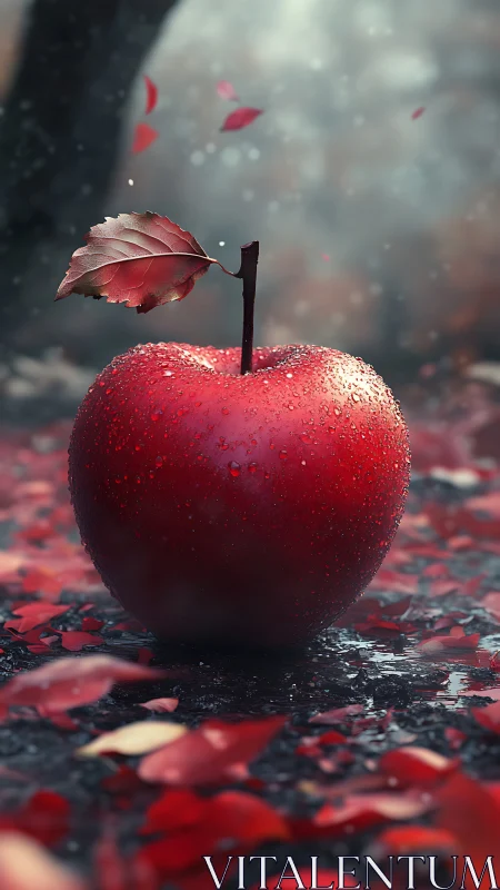 Crimson apple with dew on wet autumn leaves at dusk.