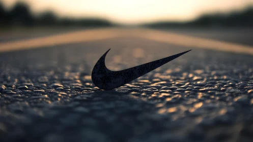 Nike Swoosh on Asphalt Road at Sunset, Minimalist Photography.