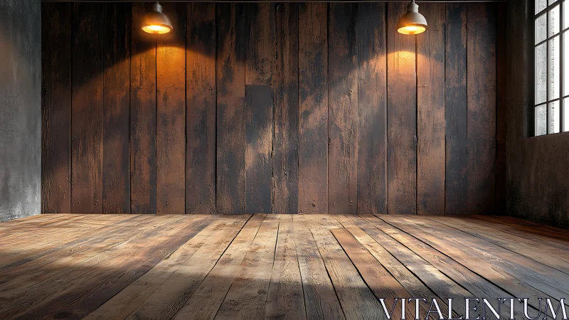 Rustic loft interior with warm wood planks and lights.