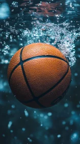 Basketball submerged underwater with suspended splash motion.