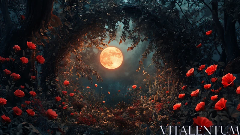 Full moon glowing in dark forest framed by red flowers.
