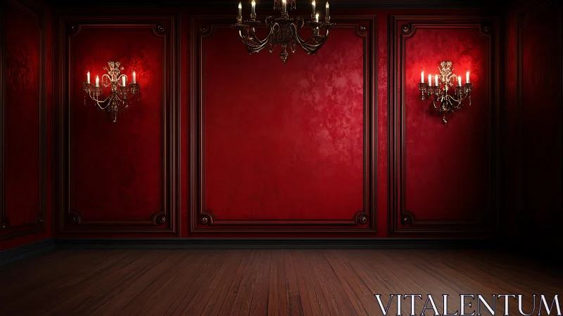 Red paneled room with chandeliers and wooden flooring.