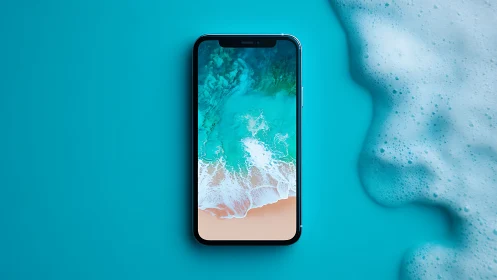 Smartphone on turquoise surface with ocean wave display.