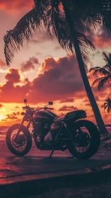 Motorcycle parked by tropical beach at vivid sunset.