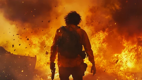 Silhouetted figure stands facing large-scale fire explosion