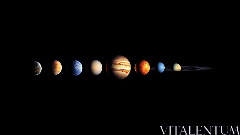 Solar system planetary lineup on black space background.