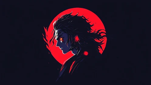 Brooding anime warrior framed by a burning crimson moon.