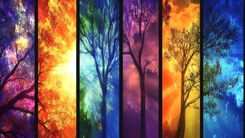 Segmented tree silhouettes against multicolor gradient sky.