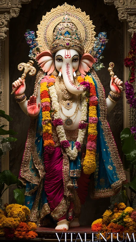 Regal Ganesha idol draped in jeweled silks and marigolds.