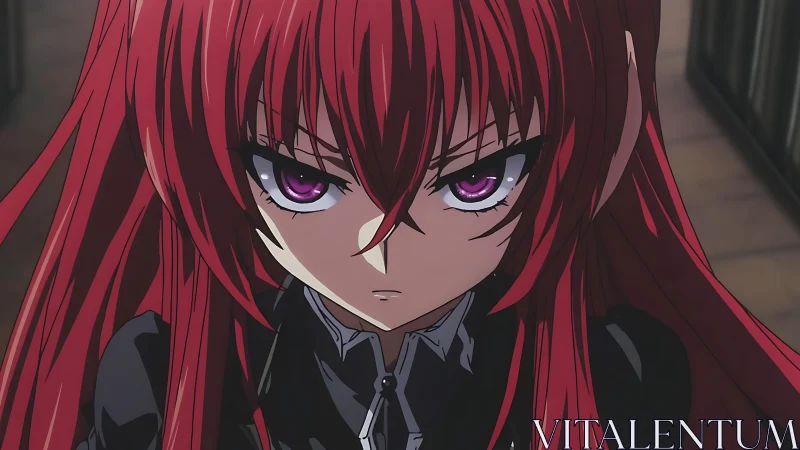 Intense red haired anime heroine in dramatic low angle closeup.