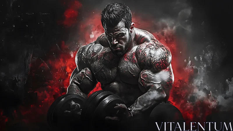 Muscular bodybuilder lifting heavy dumbbells in red smoke.