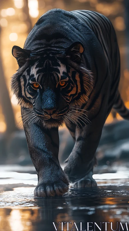 Digital rendering shows tiger walking through shallow reflective water