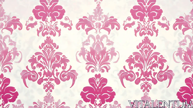 Ornate pink damask motif on soft white gradient background.