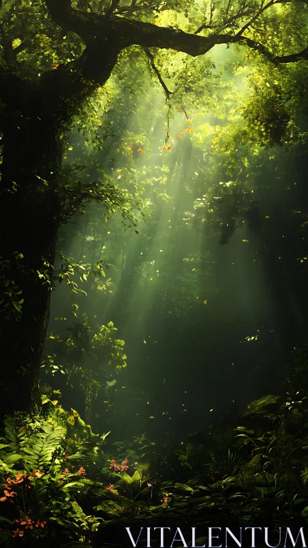 Luminescent Forest Cathedral: Where Verdant Shadows Dance with Golden Light