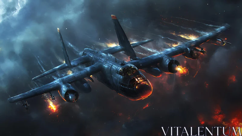 Heavy bomber hurtles through inferno with cinematic volumetrics.