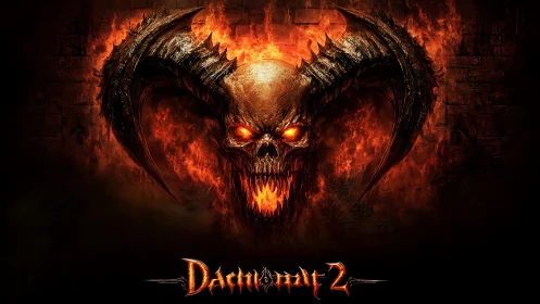 Infernal horned skull roaring from walls of living fire.