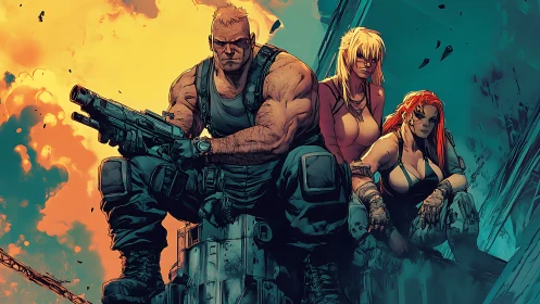 Heavily armed trio seated in ruined urban setting.