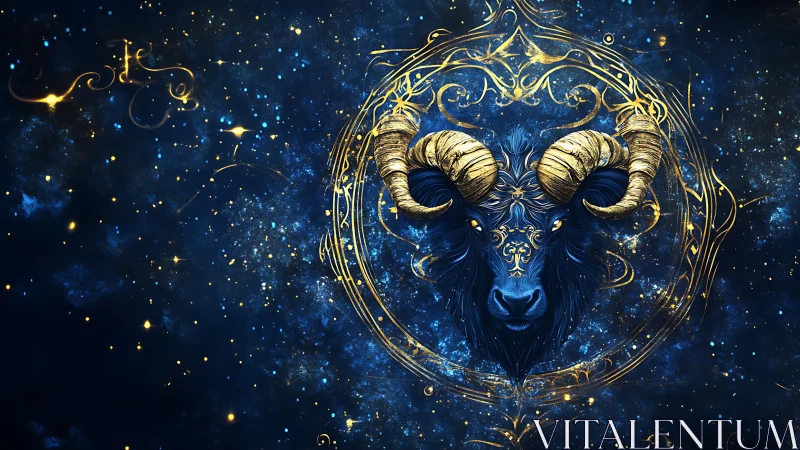 Zodiac ram head with ornate gold frame in star field.
