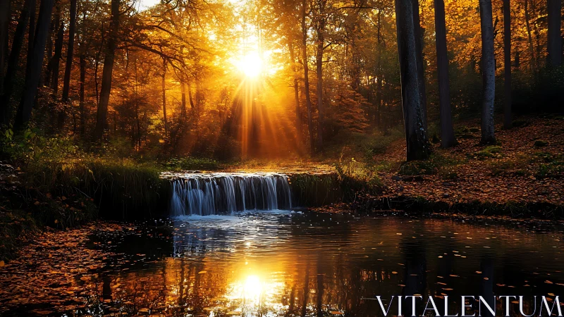 Golden forest waterfall glowing in gentle autumn light.