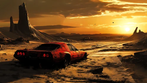 Rust red muscle car crossing molten desert at sunset.