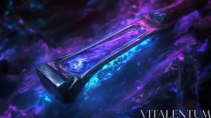 Luminescent cylindrical form with blue-purple fluid dynamics.