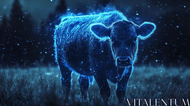 Starlit neon cow wandering a midnight meadow of silence.