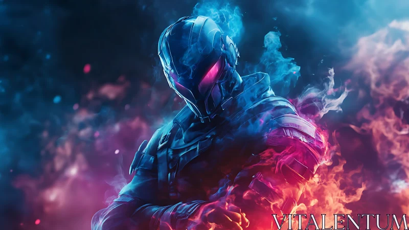 Neon armored warrior stands calm between swirling fire and ice