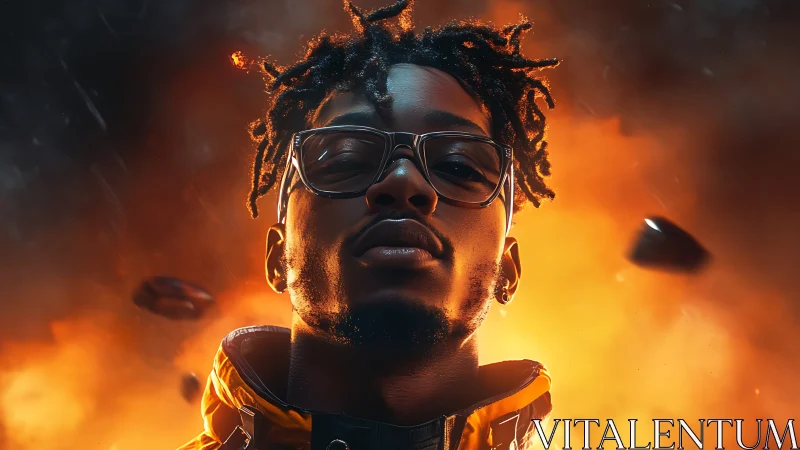 Moody portrait with orange backlight and cinematic debris glow.