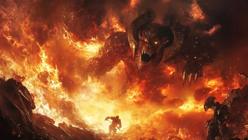 Armored warrior confronts colossal horned demon in inferno