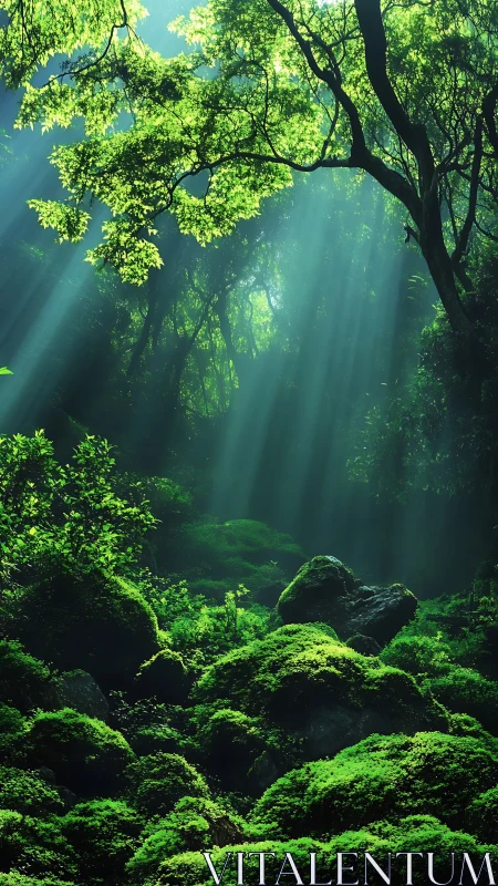 Sunlit Forest Canopy with Moss-Covered Boulders