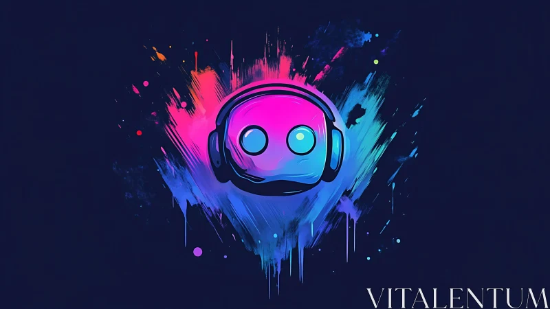 Neon robot head with headphones on dark paint splash