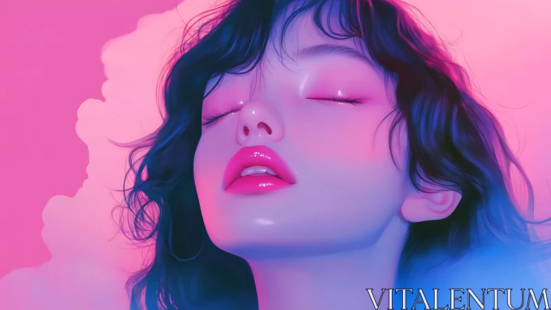 Neon-lit close-up portrait with glossy lips and closed eyes