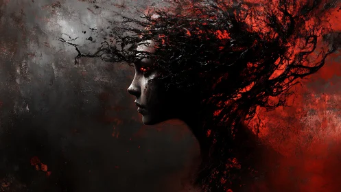 Dark surreal profile with erupting red shadow tendrils.