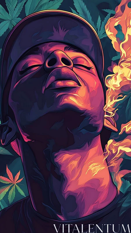 Neon vapor portrait with cannabis foliage in digital painting.