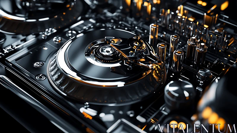 Futuristic chrome DJ turntable array with glowing circuitry detail.
