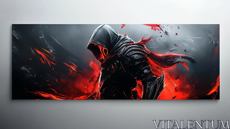 Hooded armored warrior in red and black energy storm.