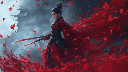 Crimson warrior amid swirling petals and spectral pagoda.