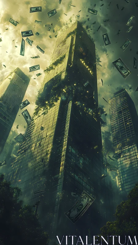 Skyscraper engulfed by money storm under toxic green sky.