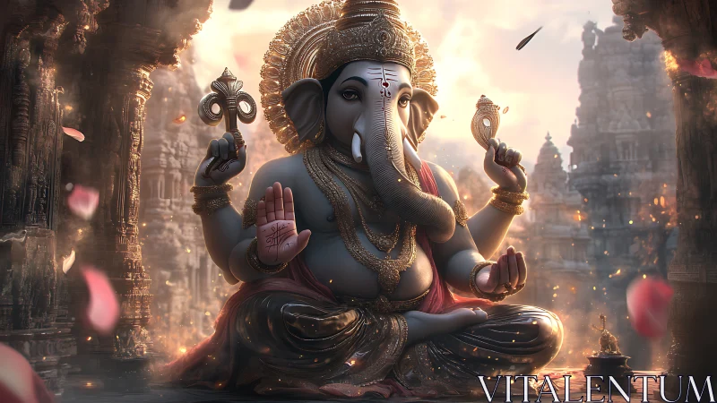 Serene Elephant Deity in Emberlit Temple Courtyard Trance.