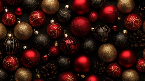 Red, black and gold baubles with pinecones on dark surface.