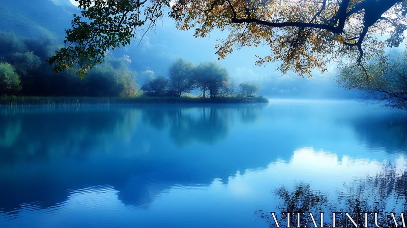 Soft morning light drifts across a tranquil blue lakeshore