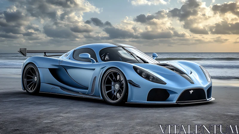 Tidal blue hypercar resting at the edge of a stormy ocean.