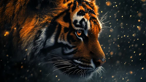 Gentle tiger gaze glowing softly in drifting golden light.