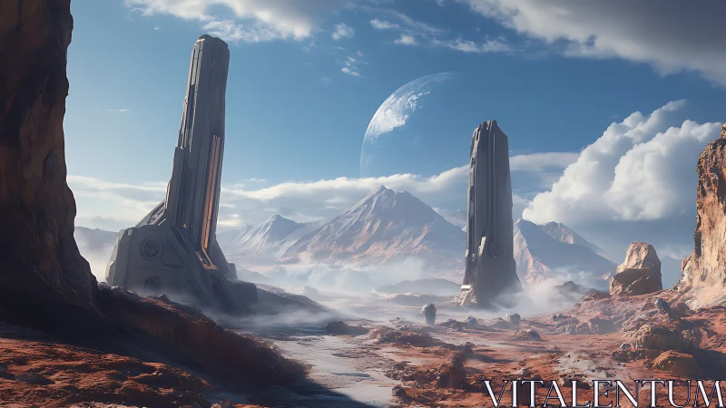 Alien desert landscape with two towering monoliths under planet